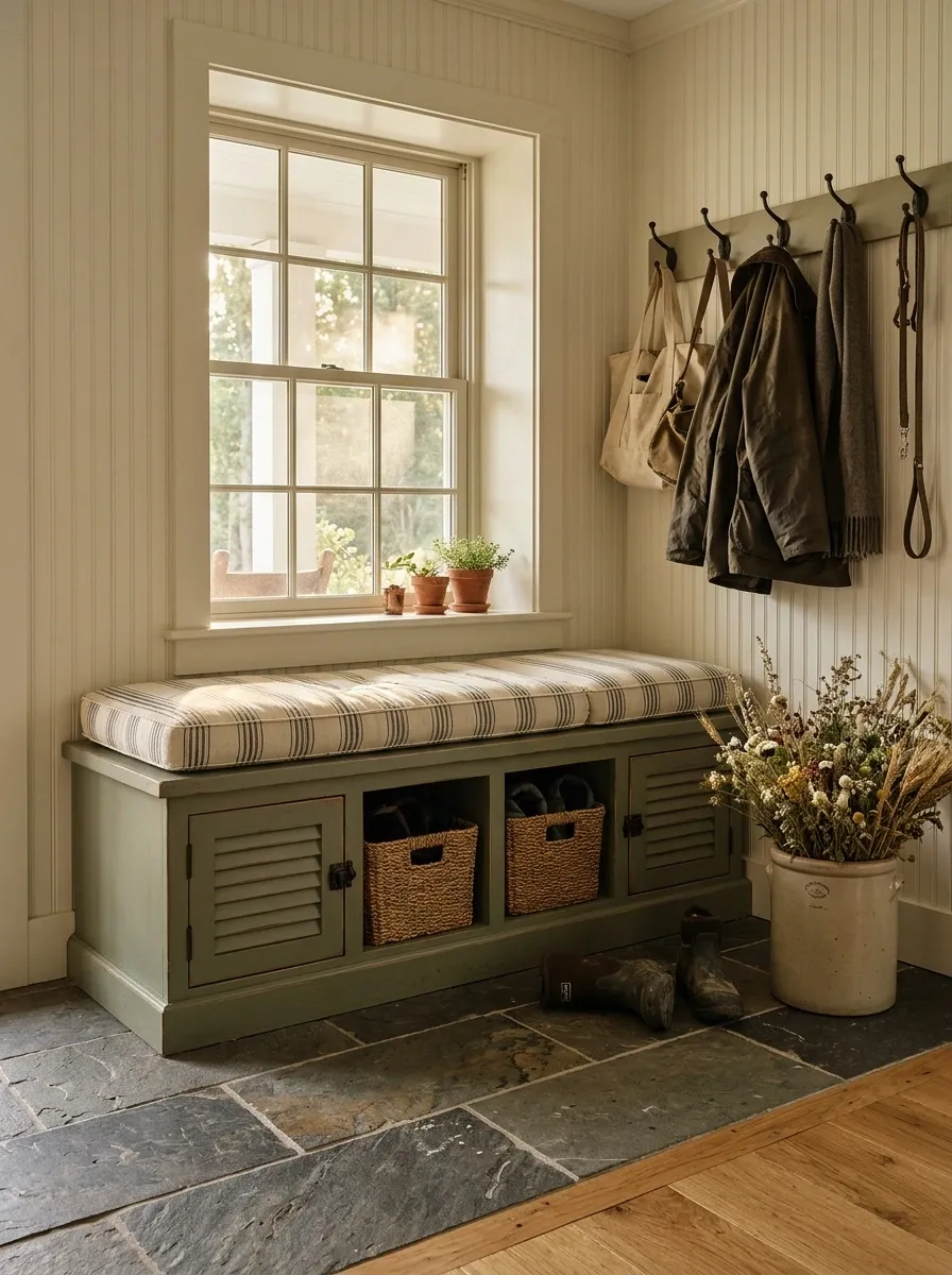 Farmhouse Mudroom Bench With Hidden Boot Storage