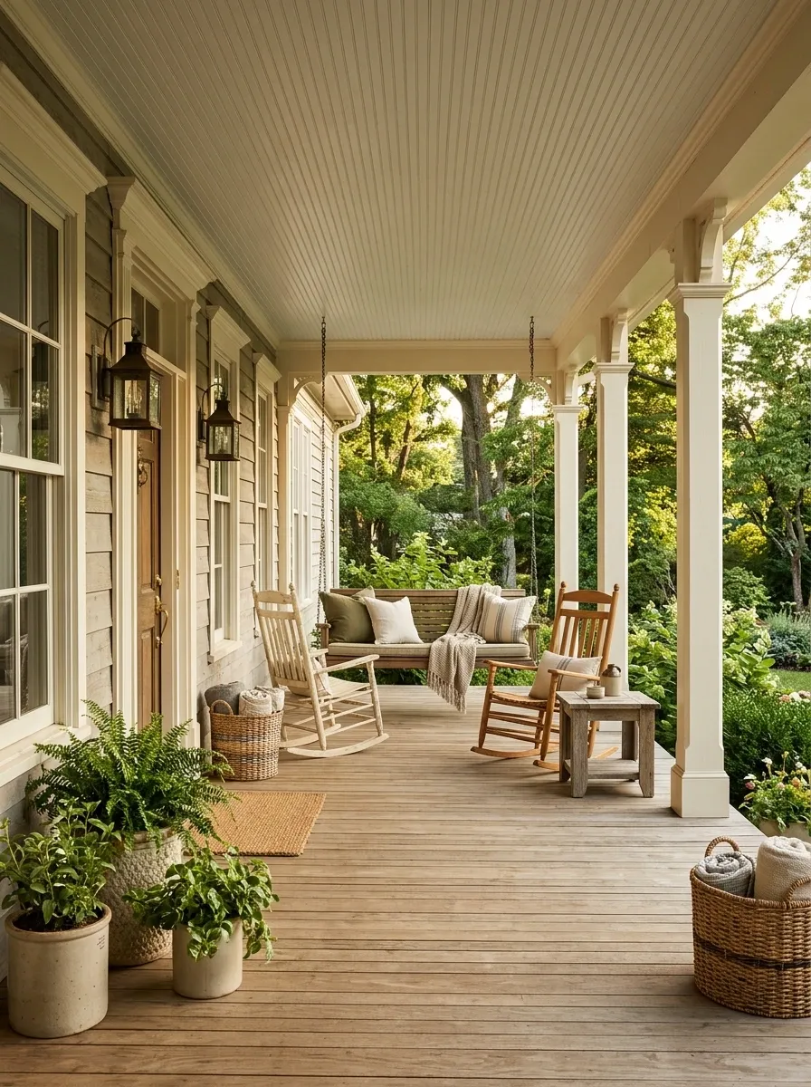Farmhouse Porch With a Swing and Rocking-Chair Character