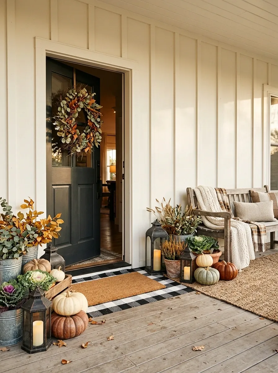 Farmhouse Thanksgiving Porch With Layered Pumpkins and Lanterns