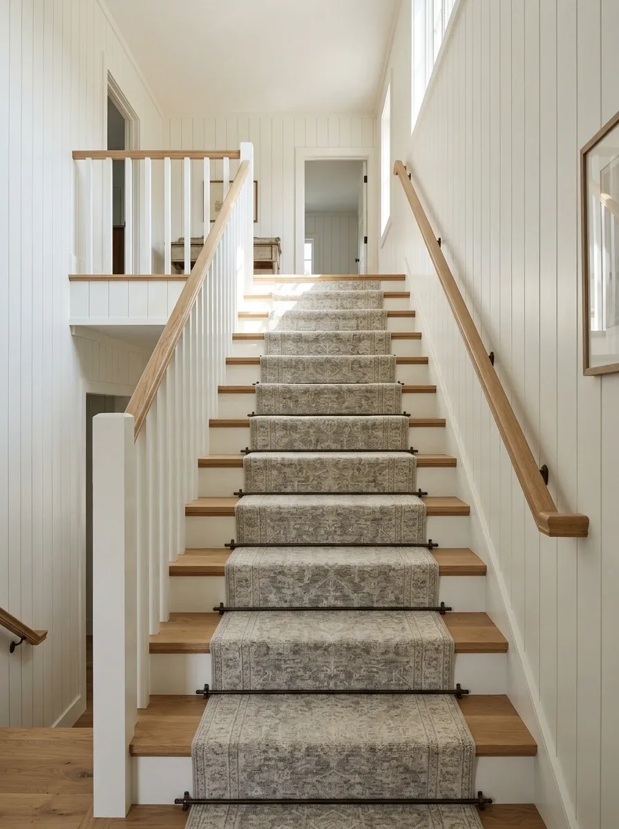 Farmhouse Tongue-and-Groove Paneling With a Painted Stair Runner
