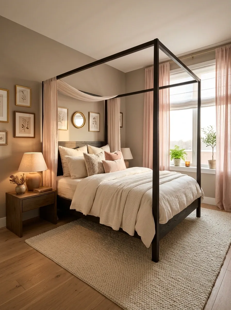 Feminine Apartment Bedroom With Canopy Bed and Warm Neutral Palette
