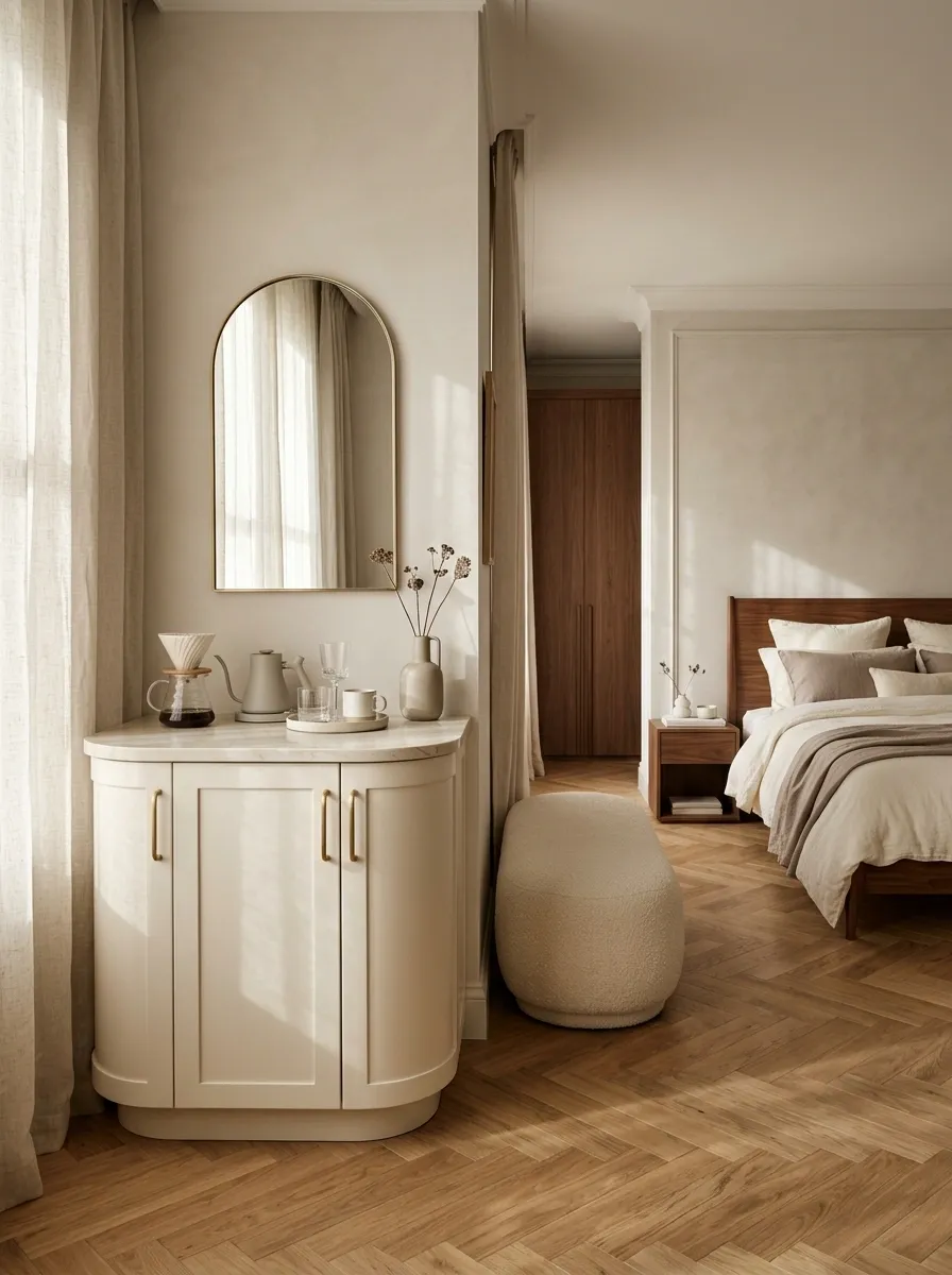 Feminine Bedroom Coffee Corner With Curved Cabinetry