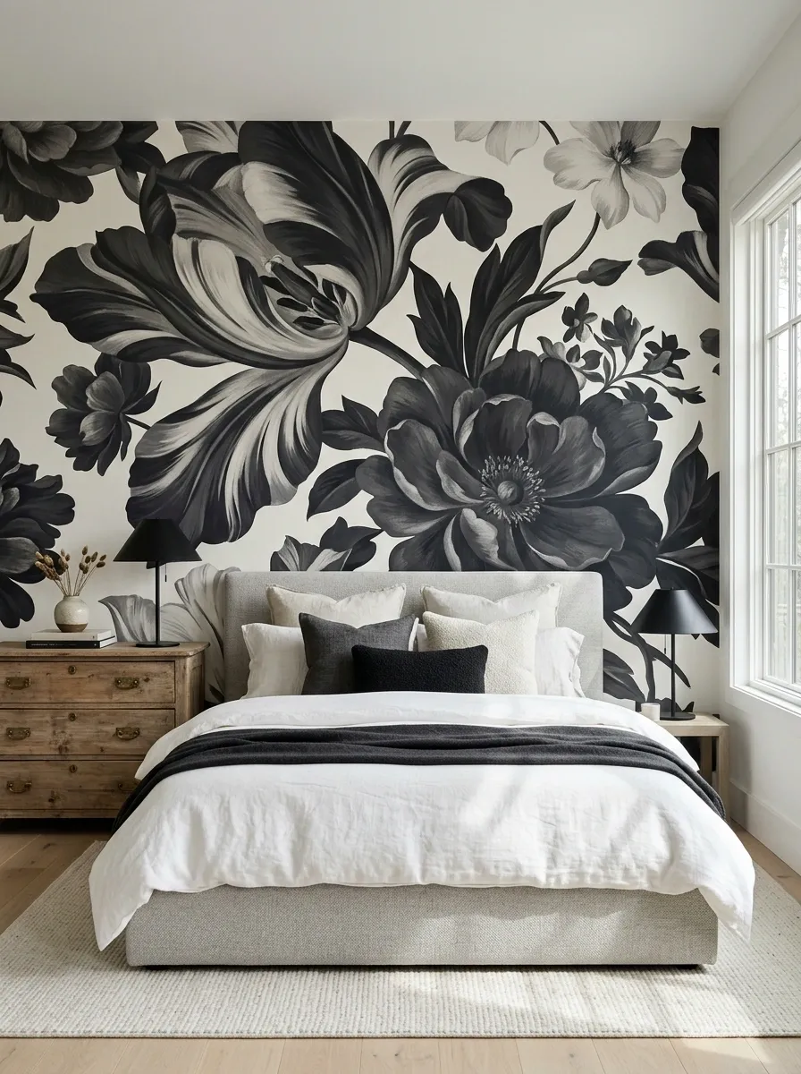Feminine Bedroom With a Statement Black Floral Wallpaper