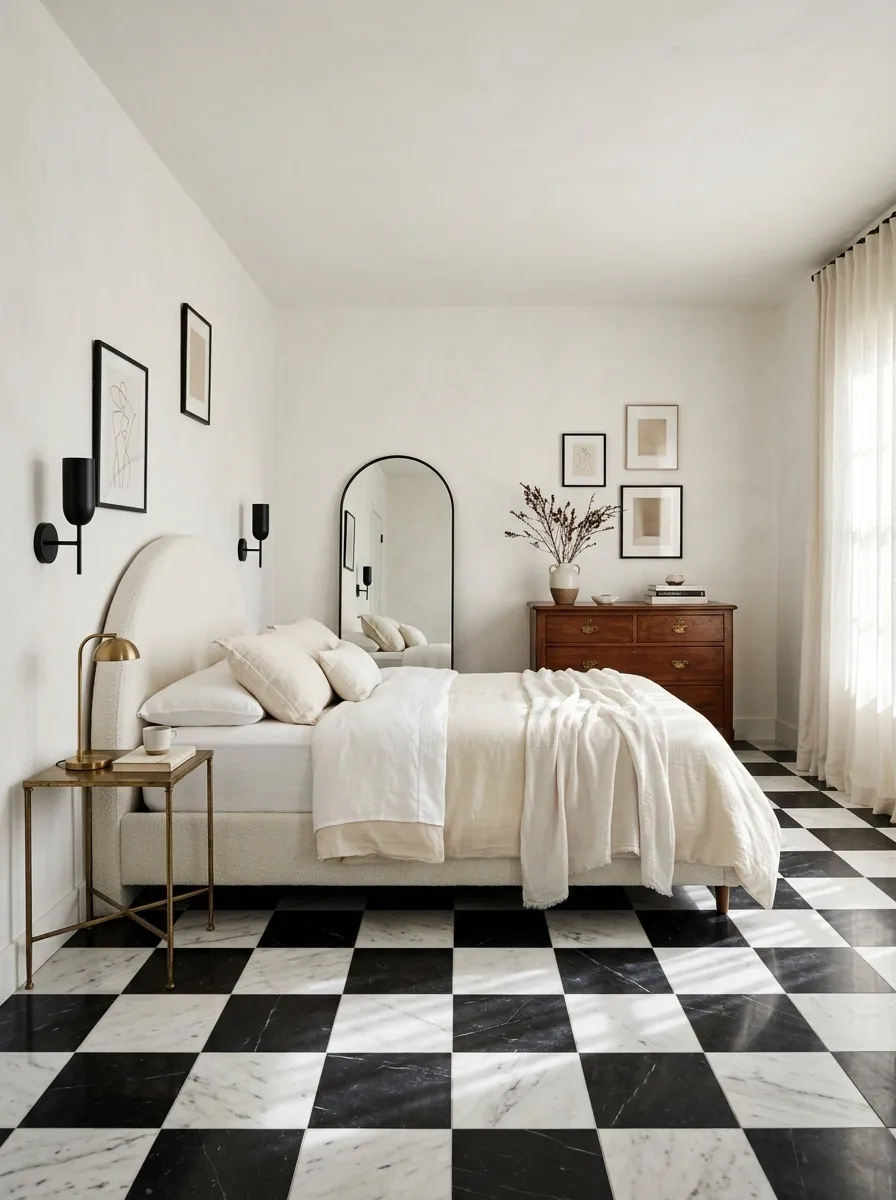 Feminine Bedroom With Black-and-White Checkerboard Flooring