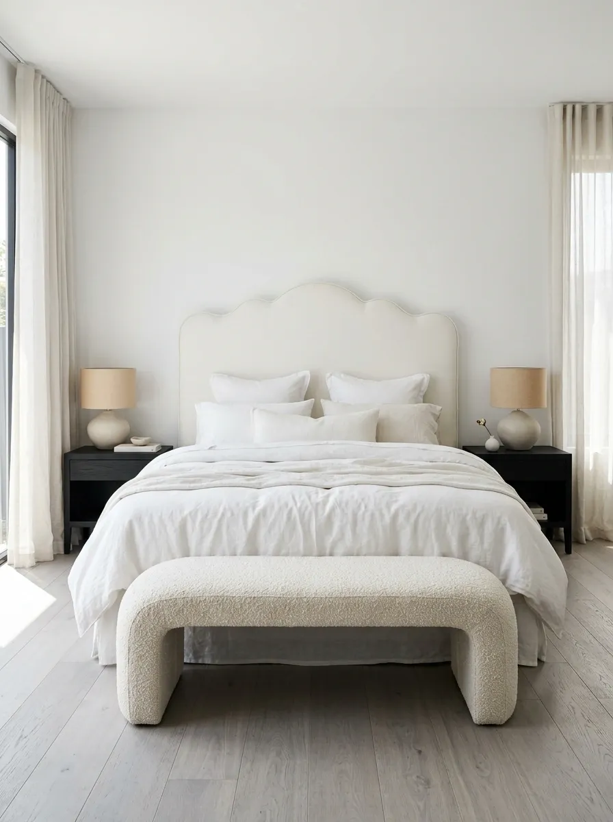 Feminine Bedroom With Scalloped Upholstery and Soft Black Accents