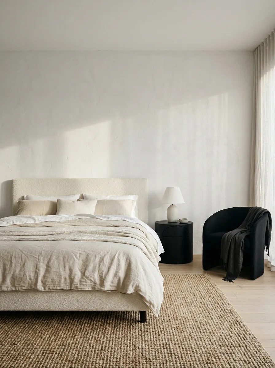Feminine Bedroom With White Plaster Walls and Black Sculptural Furniture