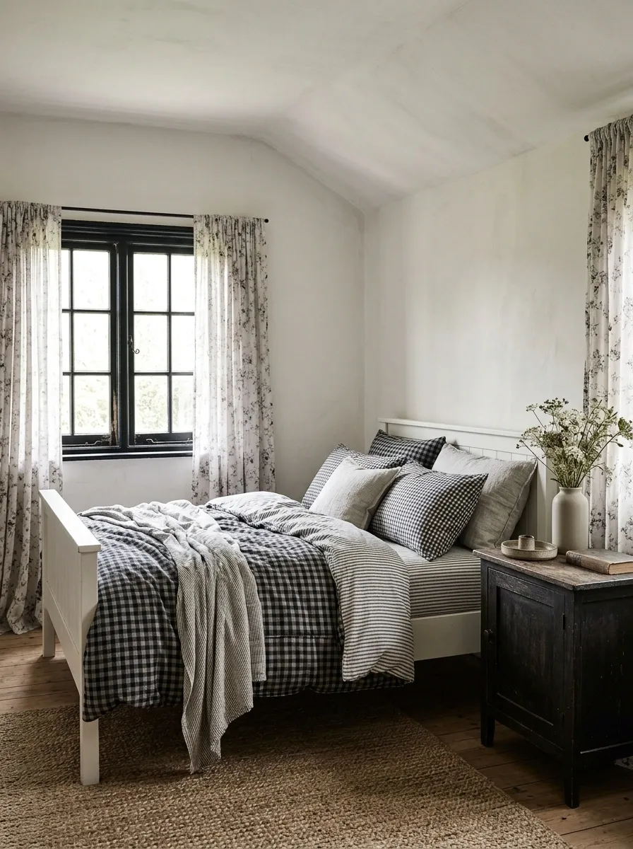 Feminine Cottage Bedroom With Black Window Frames and Floral Curtains