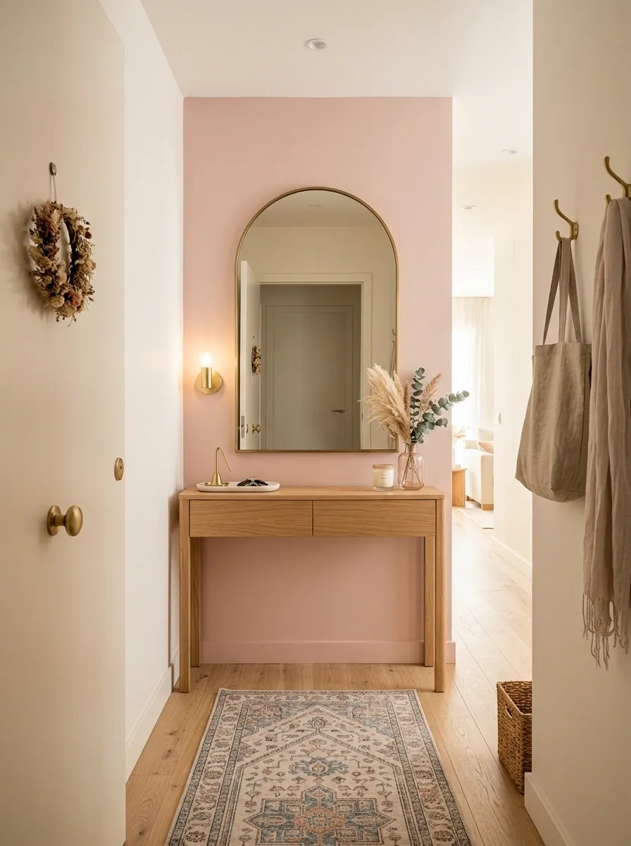 Feminine Entryway With Blush Wall, Narrow Console, and Statement Mirror