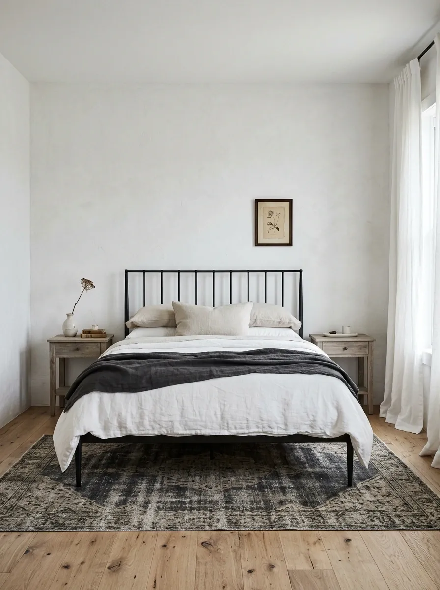 Feminine Farmhouse Bedroom With a Black Metal Bed and Soft Whites