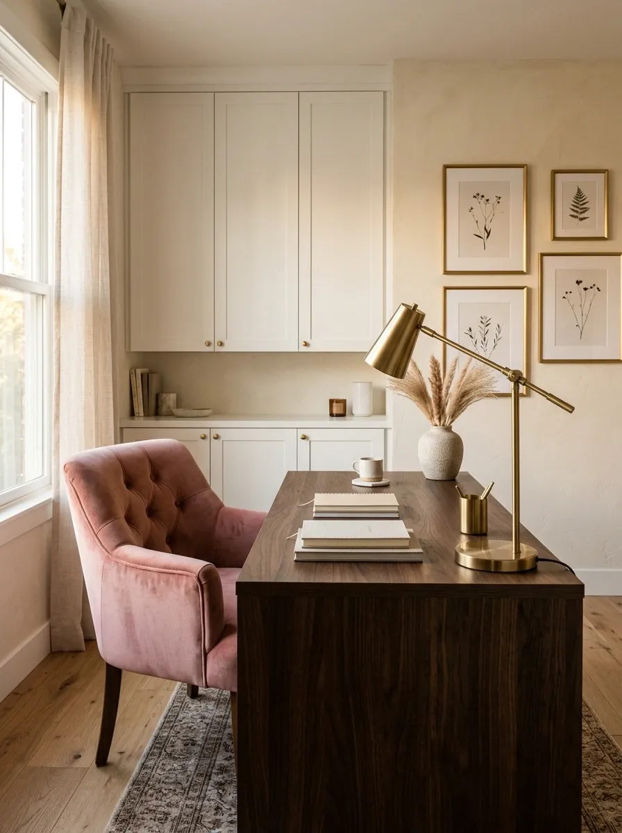 Feminine Home Office With Walnut Desk and Blush Upholstery
