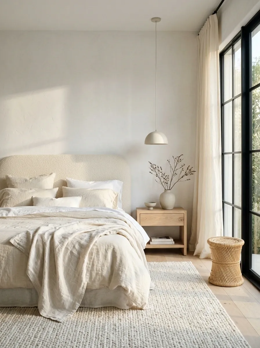 Feminine Organic Bedroom With Black Windows and White Linen
