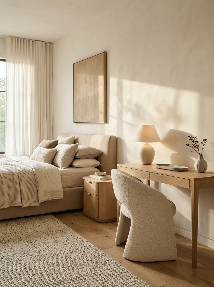 Feminine Soft-Neutral Bedroom With a Refined Work Zone