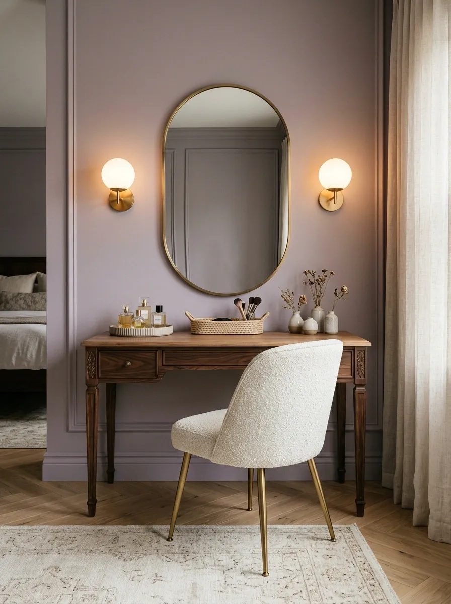 Feminine Vanity With Soft Lilac, Walnut, and Opal Lighting