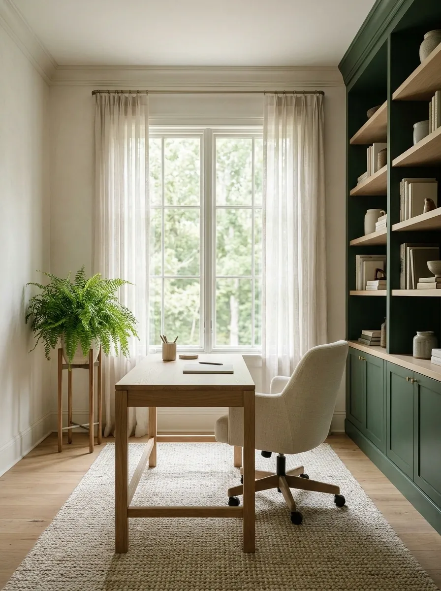 Fern Study With a Window Desk and a Deep Green Bookcase