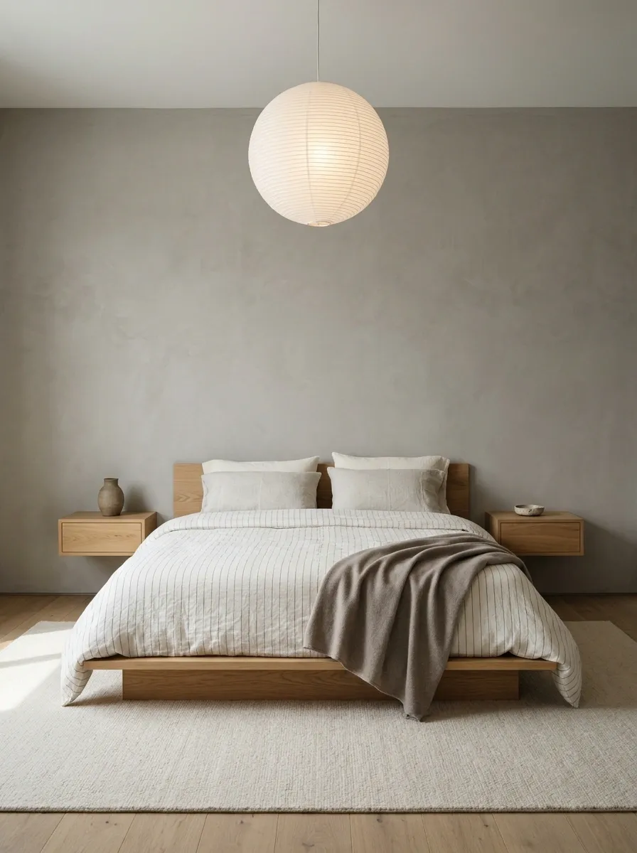 Fine Charcoal Pinstripes on a Minimalist Platform Bed