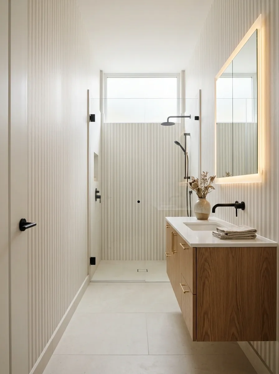 Fine Vertical Stripes in a Narrow Apartment Bathroom