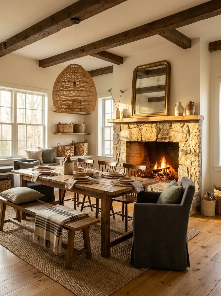 Fireplace Farmhouse Dining Room With a Reclaimed Wood Table