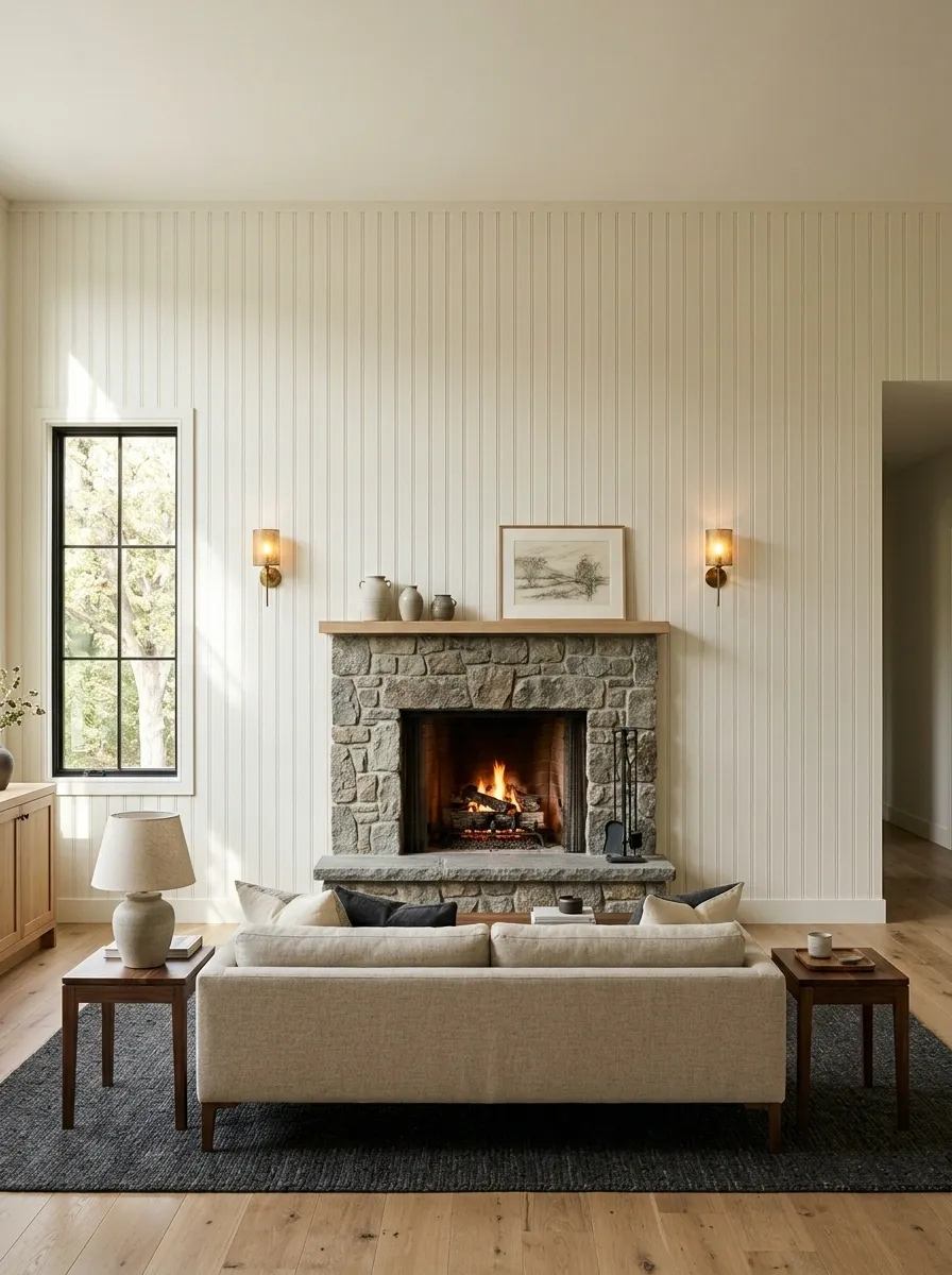 Fireplace Wall With Full-Height Beadboard and Stone Hearth