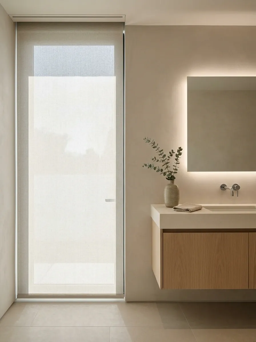 Flat Roller Shades in a Minimalist Bathroom