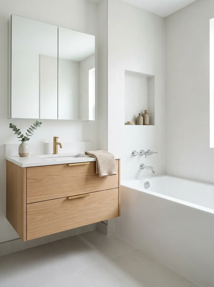 Floating Vanity and Mirrored Storage Beside the Tub