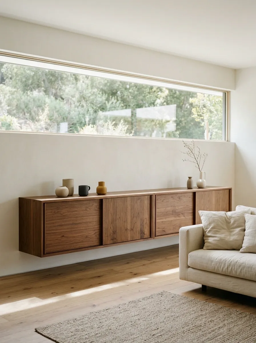 Floating Walnut Credenza Beneath a Panoramic Window
