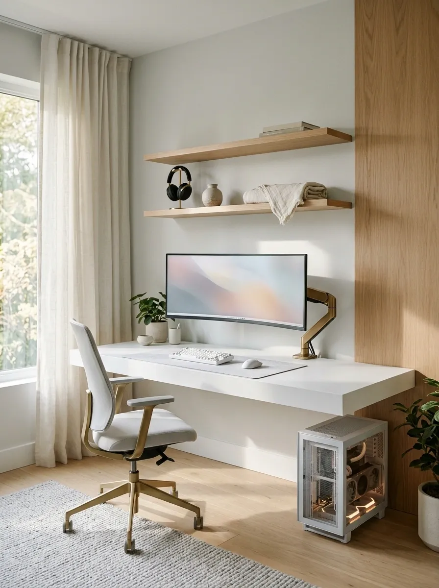 Floating White Gaming Desk With an Open Floor