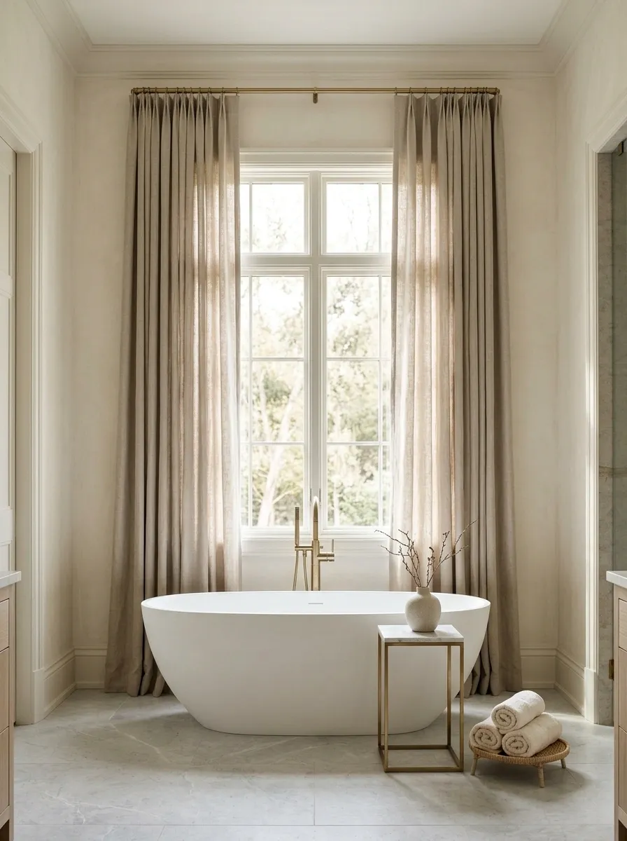 Floor-Length Curtains Framing a Large Bathroom Window
