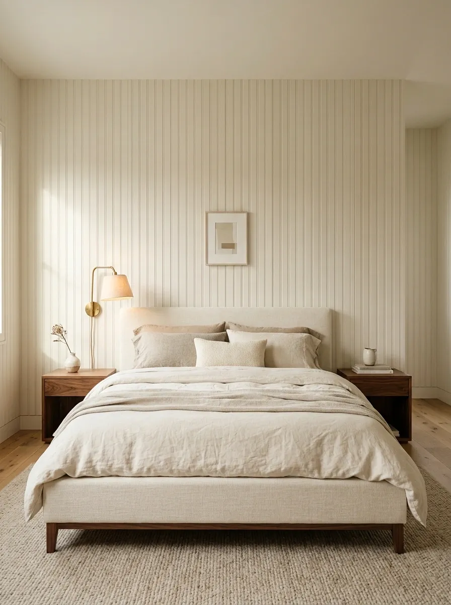 Floor-to-Ceiling Beadboard Bedroom With Layered Neutrals