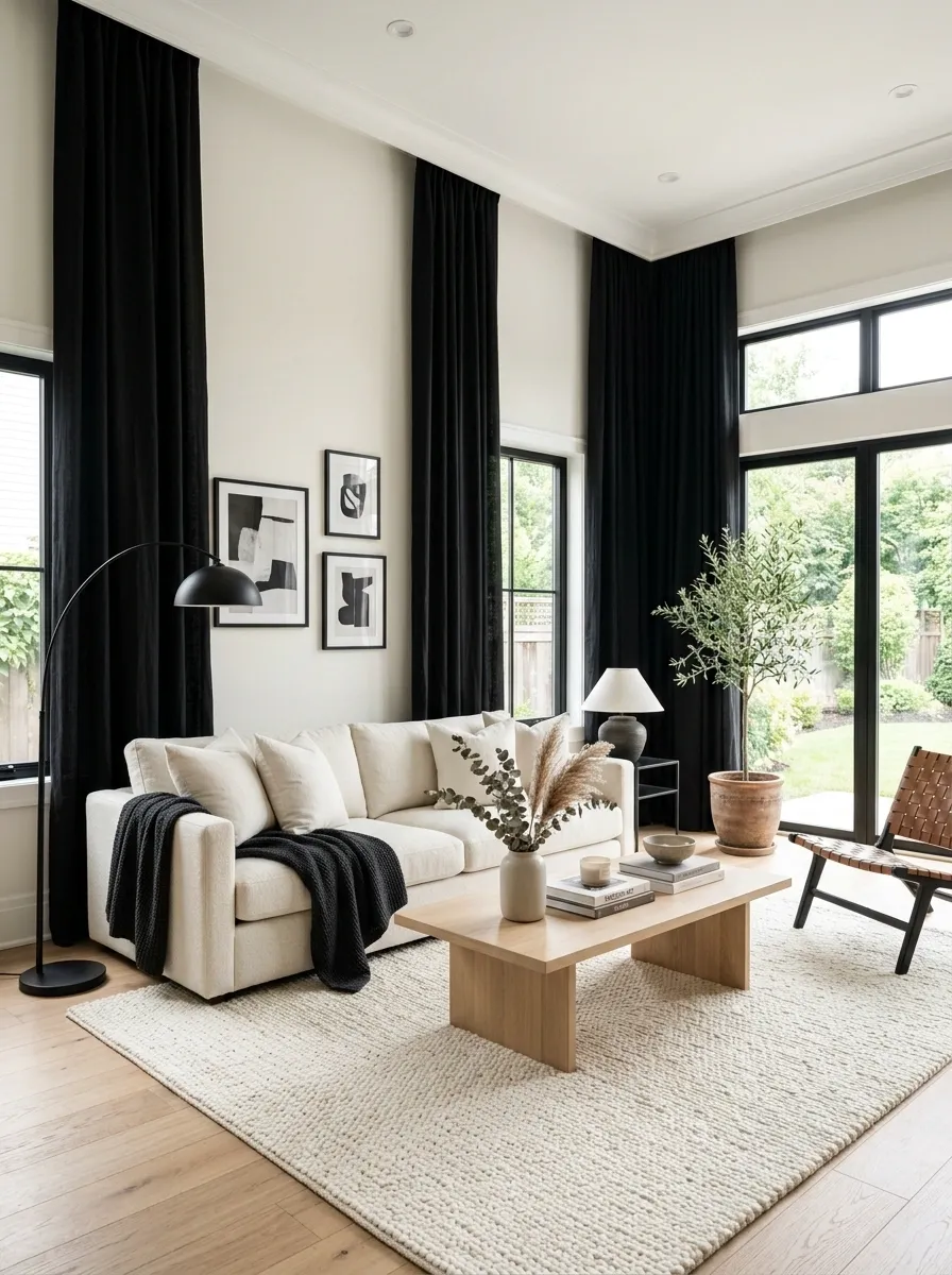 Floor-to-Ceiling Black Curtains With a White Seating Area