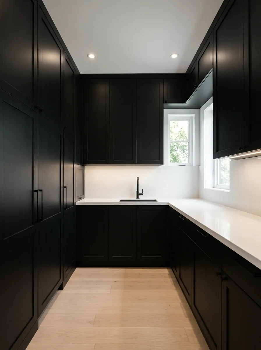 Floor-to-Ceiling Black Millwork With a White Folding Counter