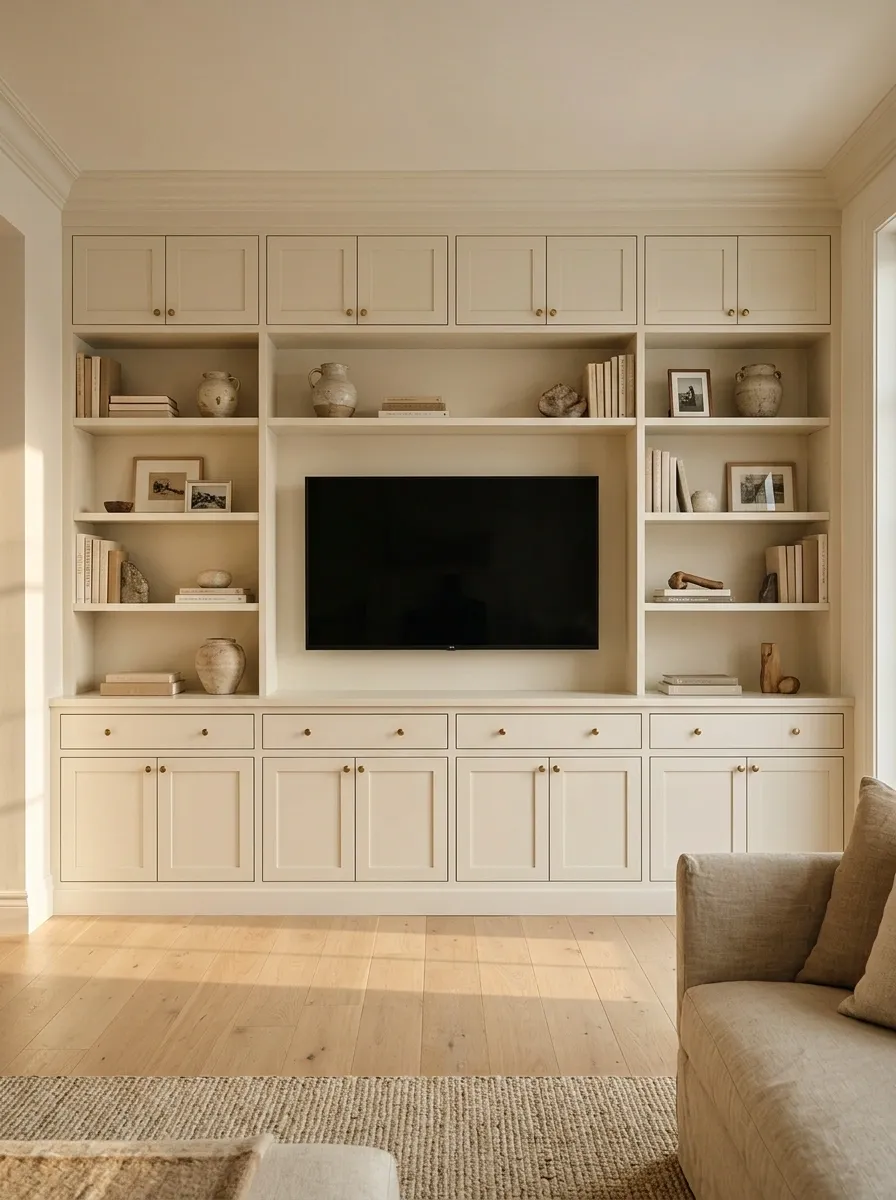 Floor-to-Ceiling Built-In Shelves Framing the Television