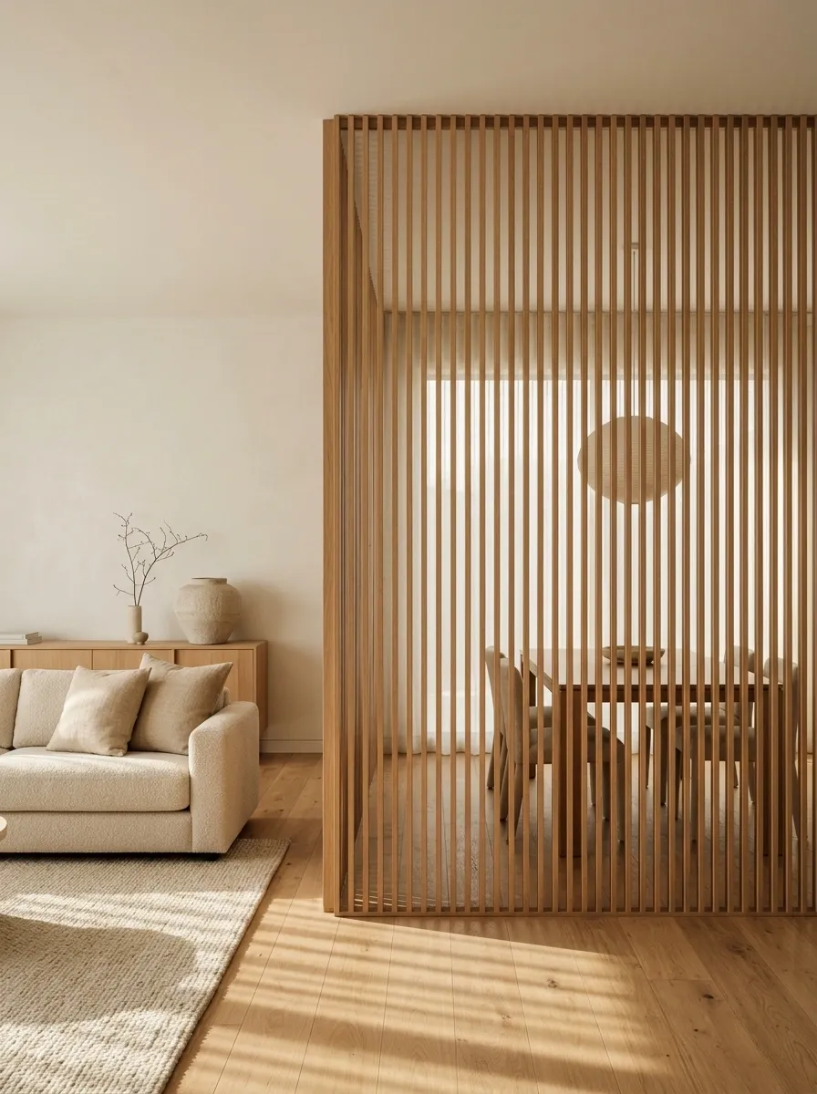 Floor-to-Ceiling Slatted Wood Screen Between Living and Dining Areas