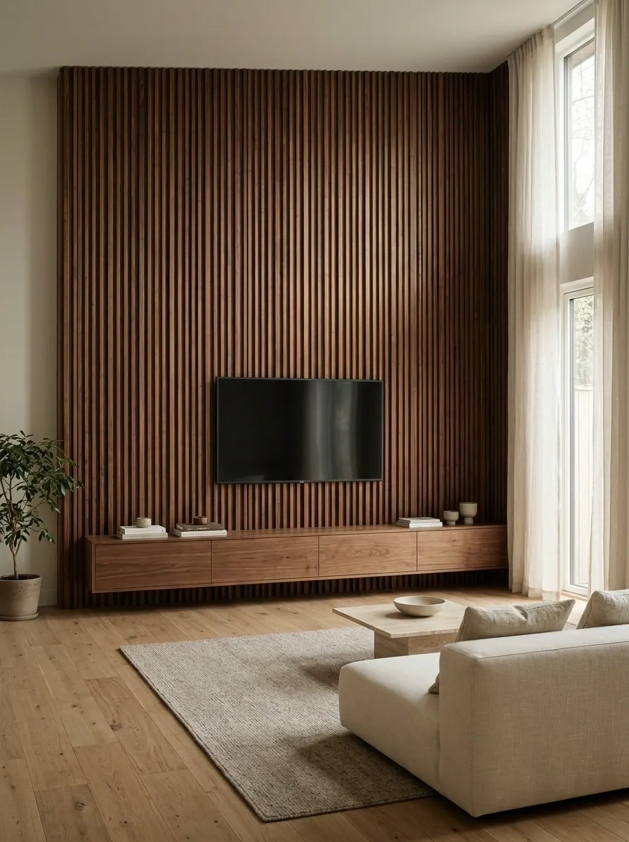 Floor-to-Ceiling Vertical Wood Slats Behind the TV