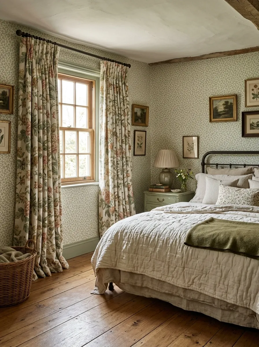 Floral Curtains and Complementary Wallpaper in an English Cottage Bedroom