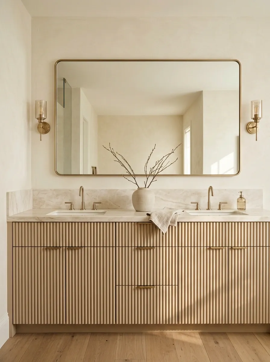 Fluted Beige Vanity With a Cream Marble Countertop