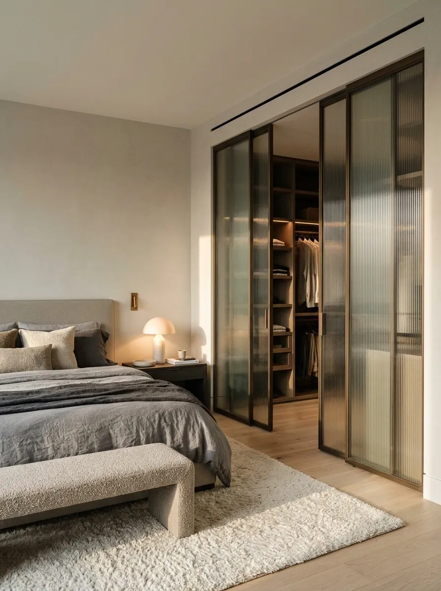 Fluted Glass Sliding Panels in a Contemporary Bedroom