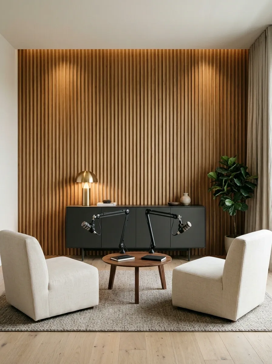 Fluted-Wood Podcast Room With a Furniture-Led Backdrop