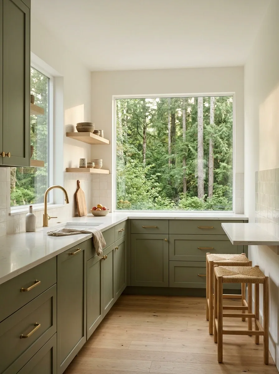 Forest-Edge Kitchen With Green Lower Cabinets and Open Window Views