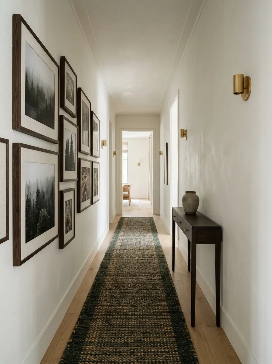 Forest Gallery Hallway With Dark Frames and a Warm Runner