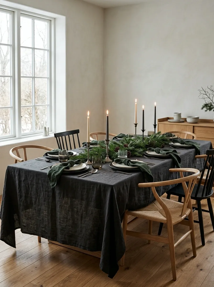 Forest Green and Charcoal Table in a Nordic Winter Dining Room