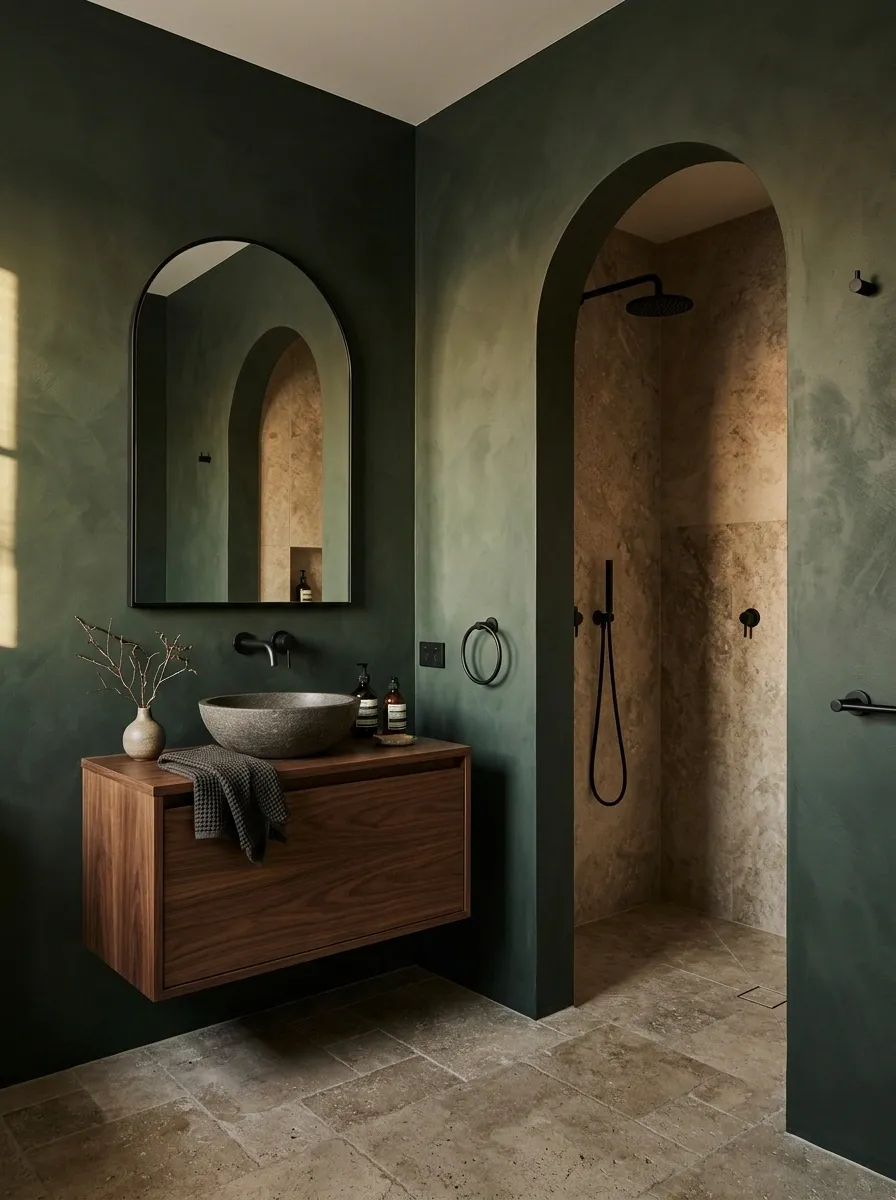 Forest Green Bathroom With Arched Architecture