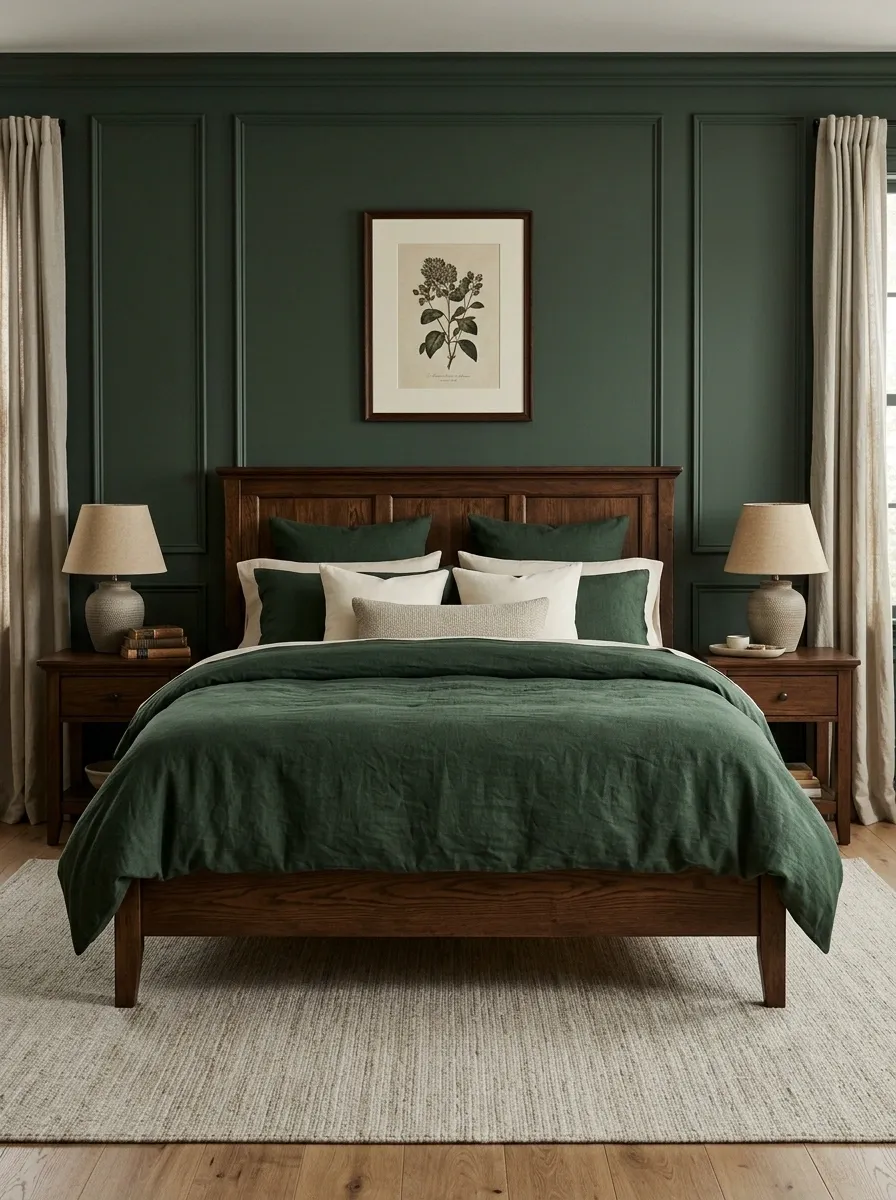 Forest Green Bedding Against Dark Timber