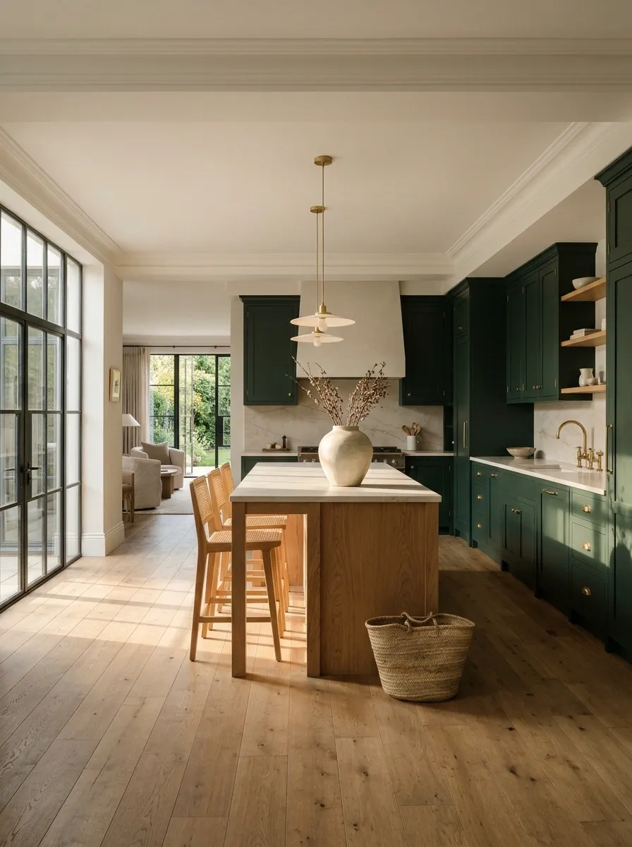 Forest Green Cabinetry With a Sculptural White Oak Island