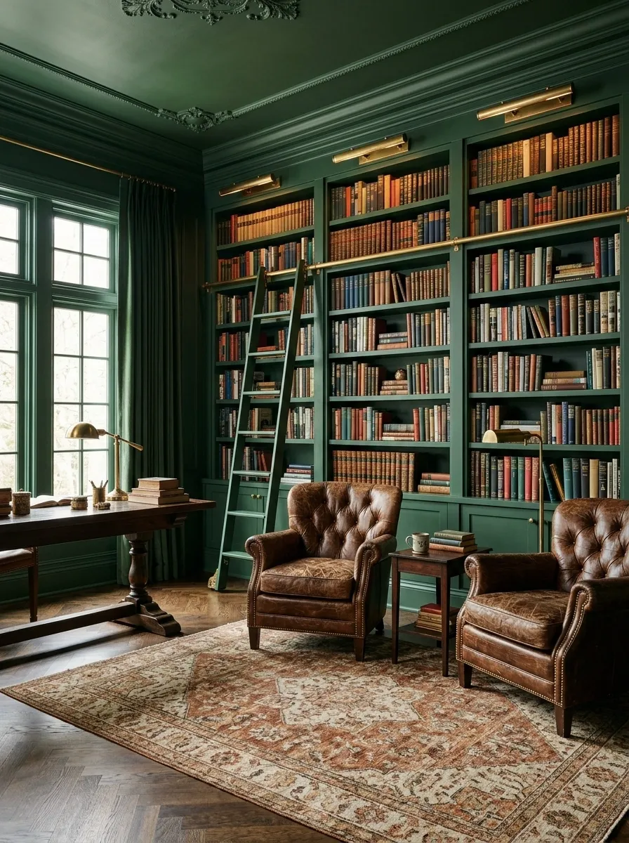 Forest Green Ceiling in a Full-Color-Drenched Library