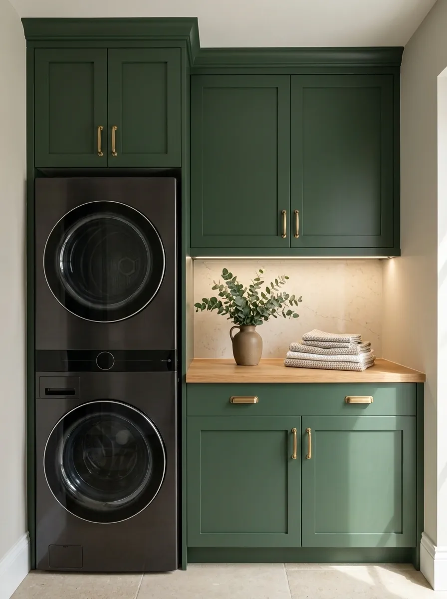 Forest Green Laundry Built-In With a Pale Stone Backsplash