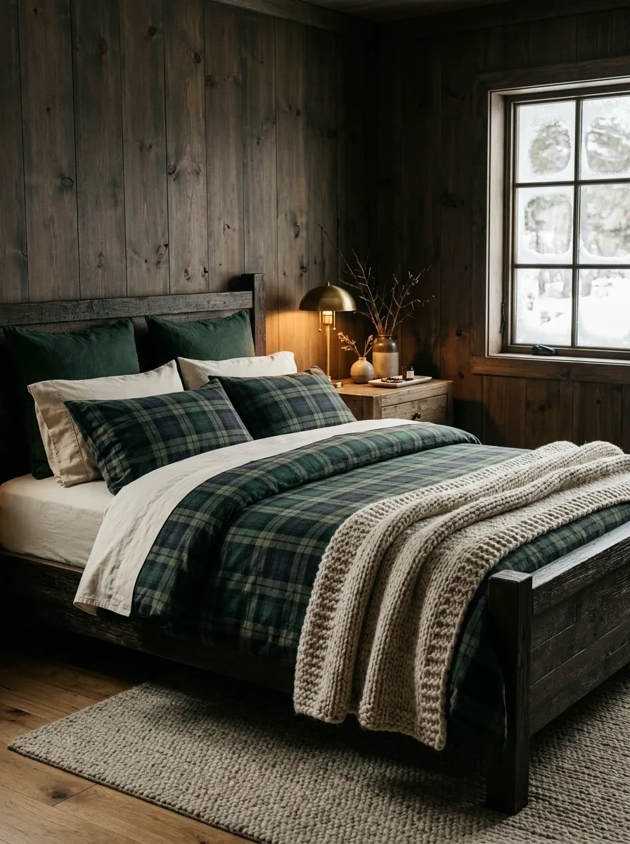 Forest Green Plaid Bedding in a Winter Cabin Bedroom