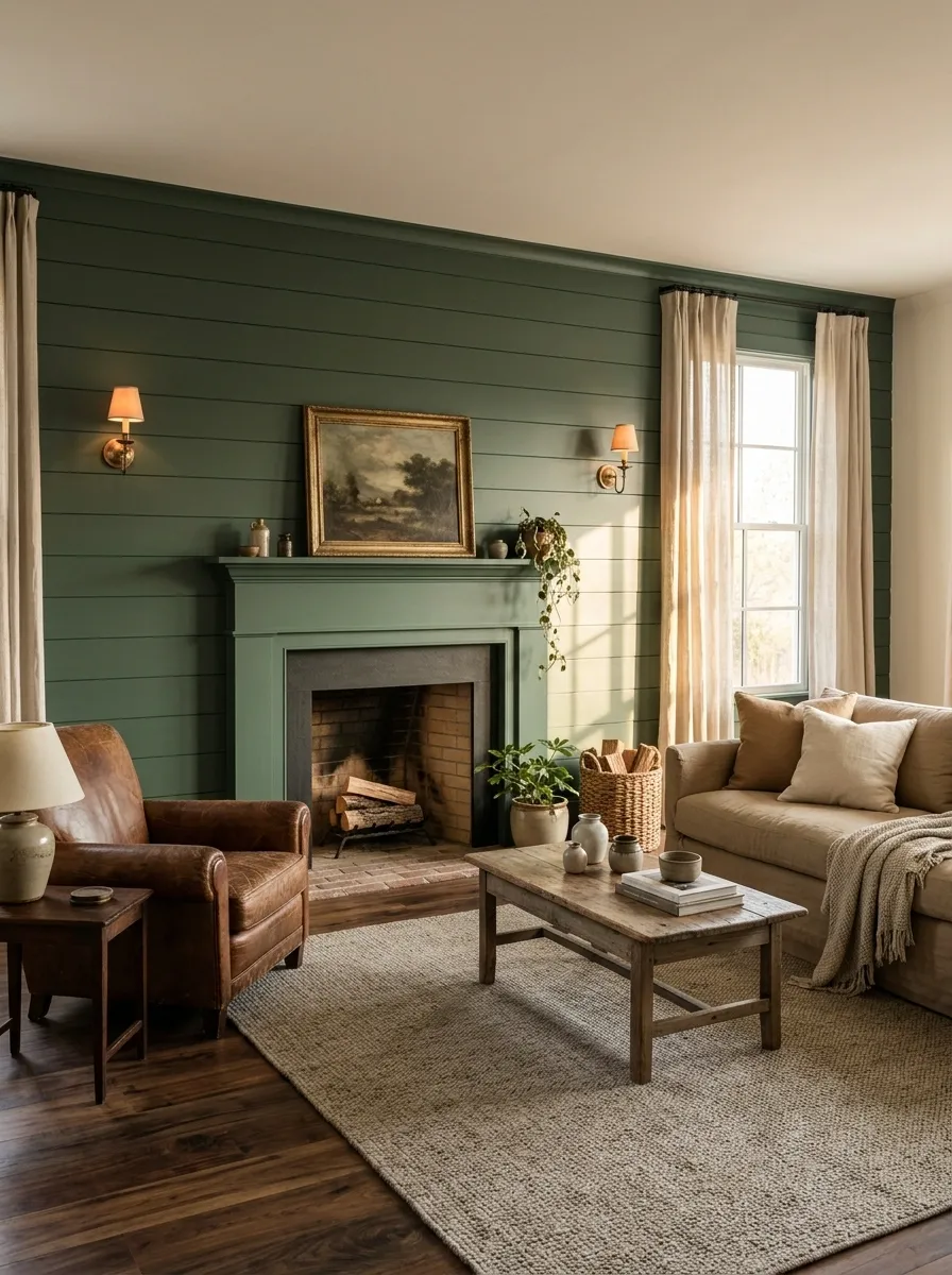 Forest-Green Shiplap Fireplace With Dark Timber