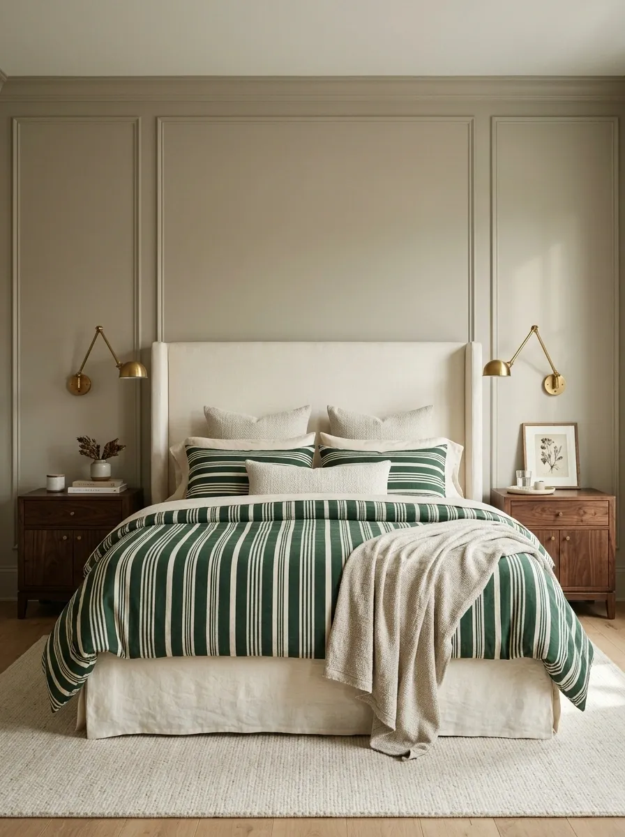 Forest Green Stripes With Cream Upholstery and Dark Wood