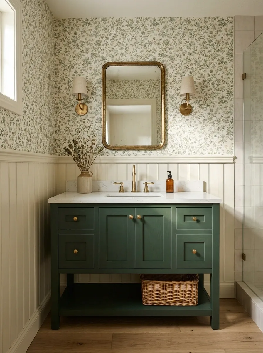 Forest Green Vanity With Vintage Floral Wallpaper