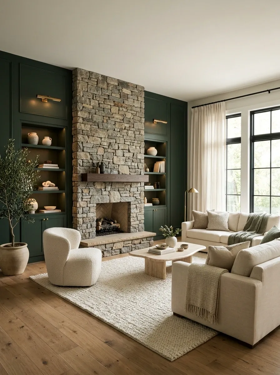 Forest Green + Warm Ivory Around a Stone Fireplace